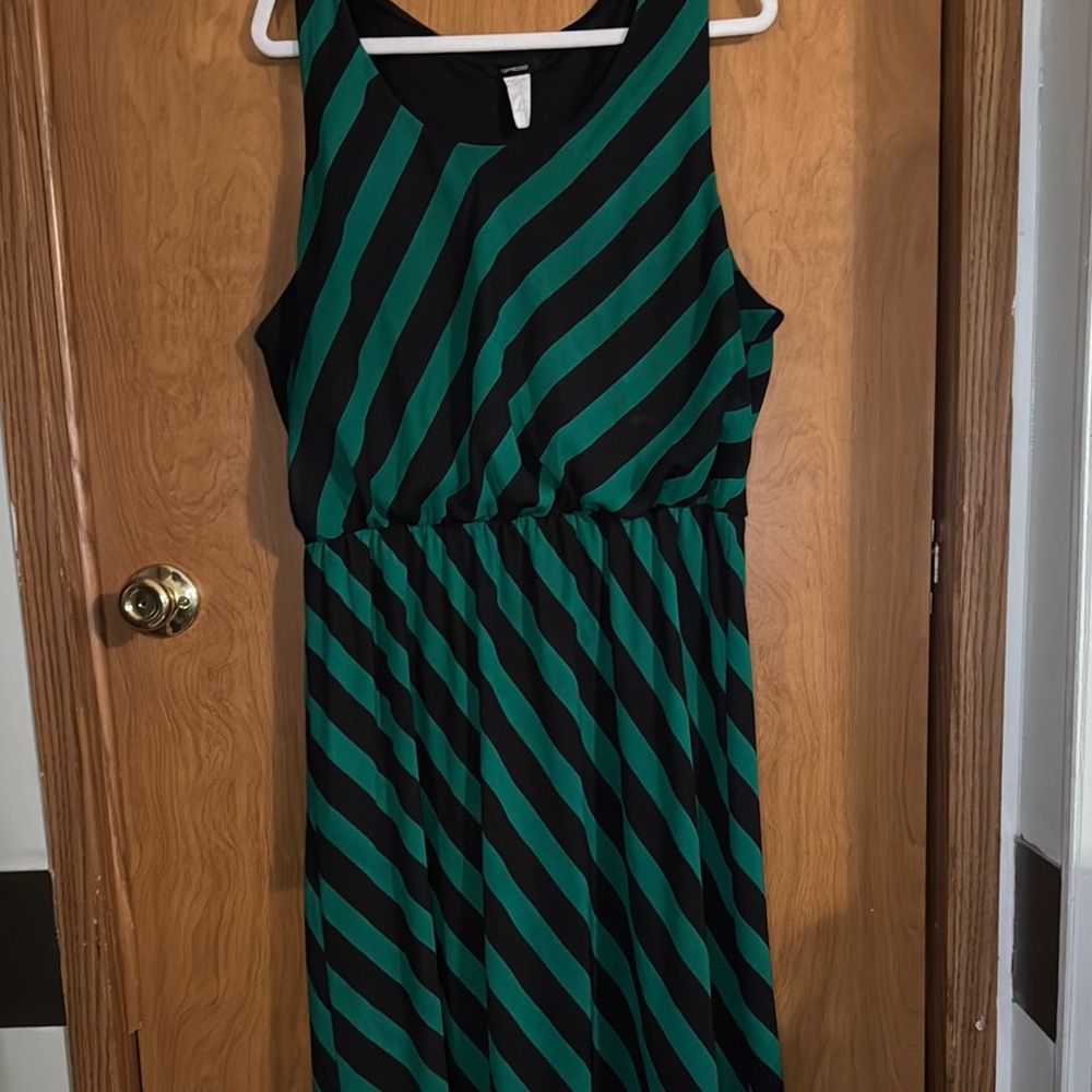 Espresso Maxi Dress Green and Black Striped Print Lined Women's 2XL